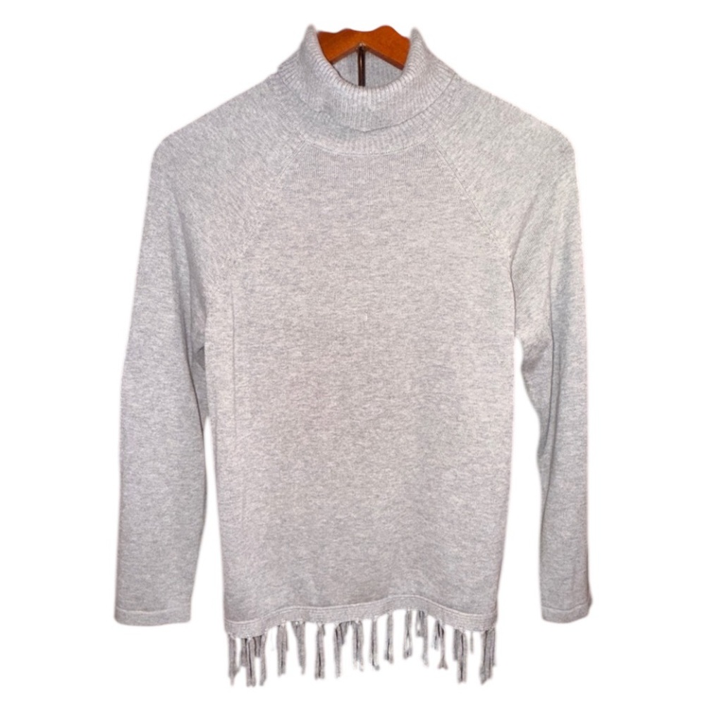 Rafaella Mock Turtleneck Sweater with a Fringed Hem Grey Size Medium